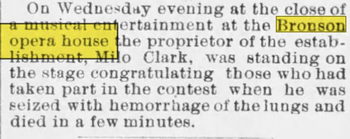 Bronson Opera House - Jan 9 1885 Article On Death Of Founder